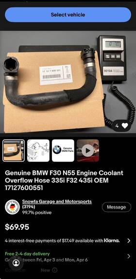 17127600551 Bmw Genuine F30 N55 Engine Coolant Overflow Hose 335i F32 435i Oem