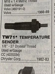Engine Coolant Temperature Sender Kemparts TW71. Fixed Price $12.89.