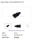 Radiator Drain Plug 6G9Z-8115XA Ford. Fixed Price $8.00.